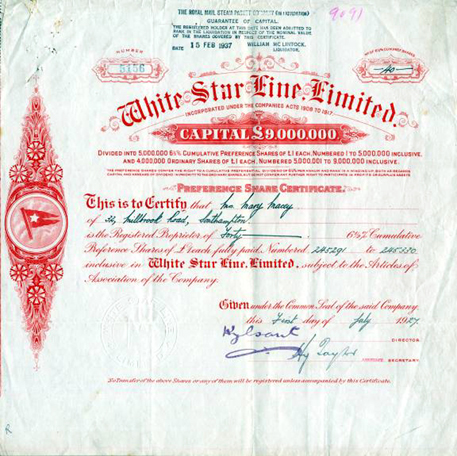 «White Star Line, Ltd., stock certificate»